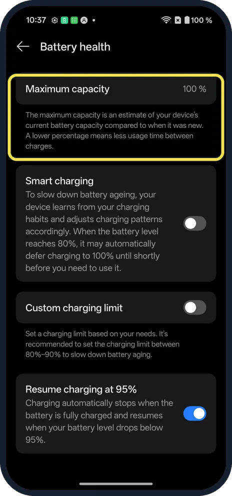 Android screenshot: Read Maximum capacity