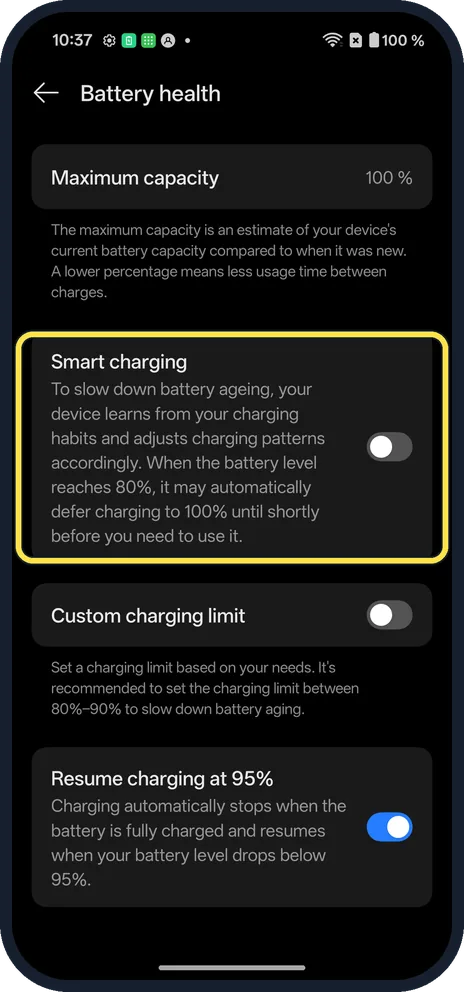 Android screenshot: Check Smart charging