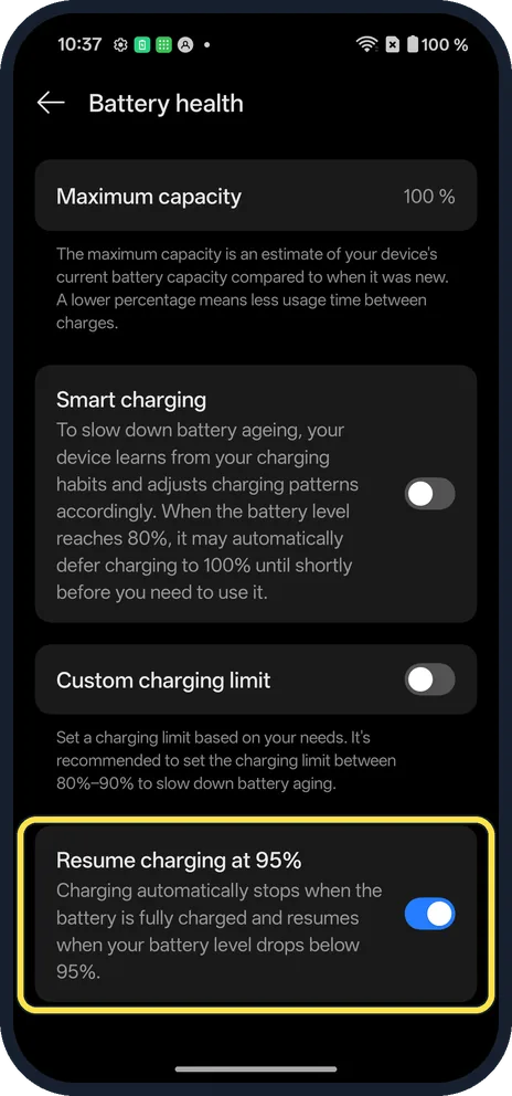 Android screenshot: Check Resume charging
