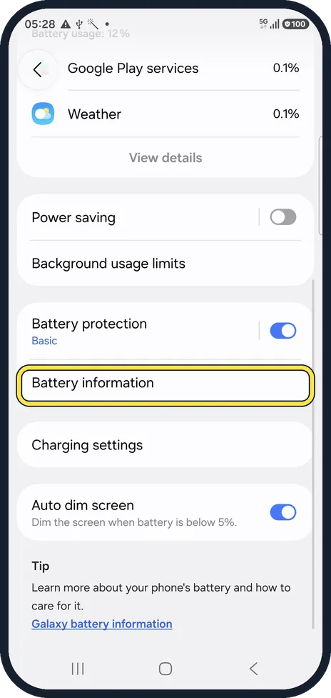 Android screenshot: Tap Battery information
