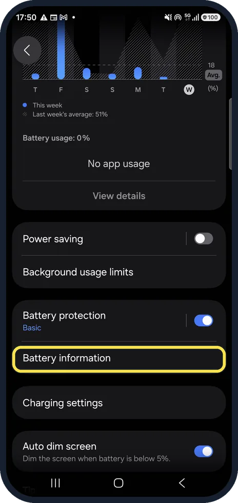 Android screenshot: Tap Battery information