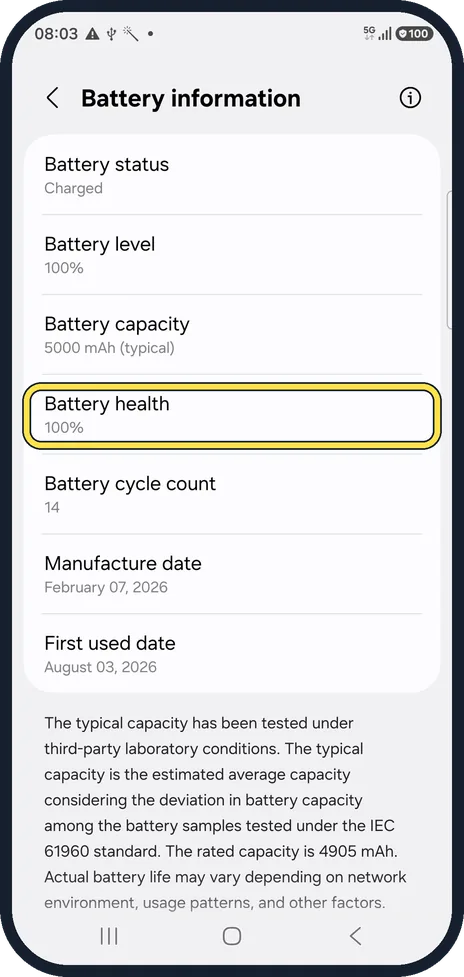Android screenshot: Read Battery health