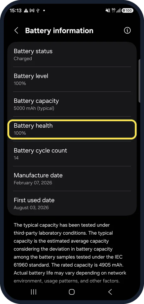 Android screenshot: Read Battery health