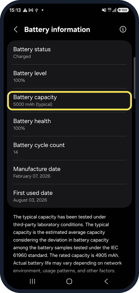 Android screenshot: Compare Battery capacity