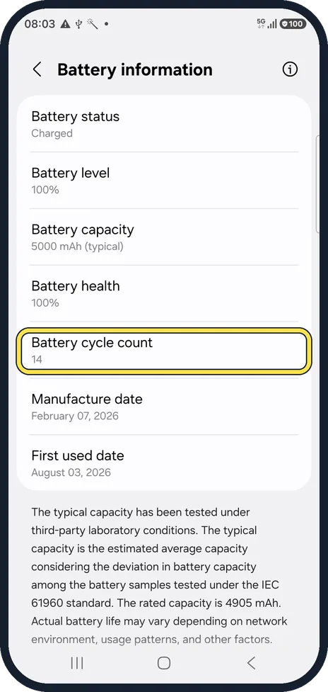 Android screenshot: Check the cycle count
