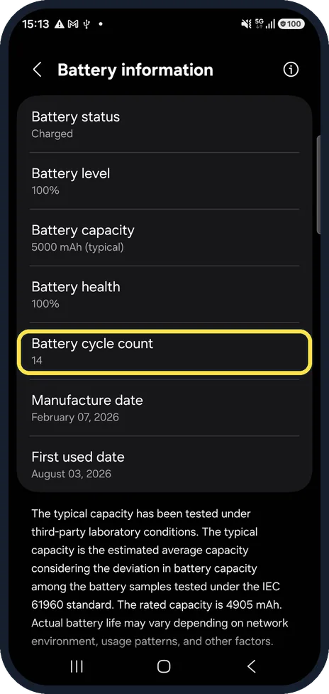 Android screenshot: Check the cycle count