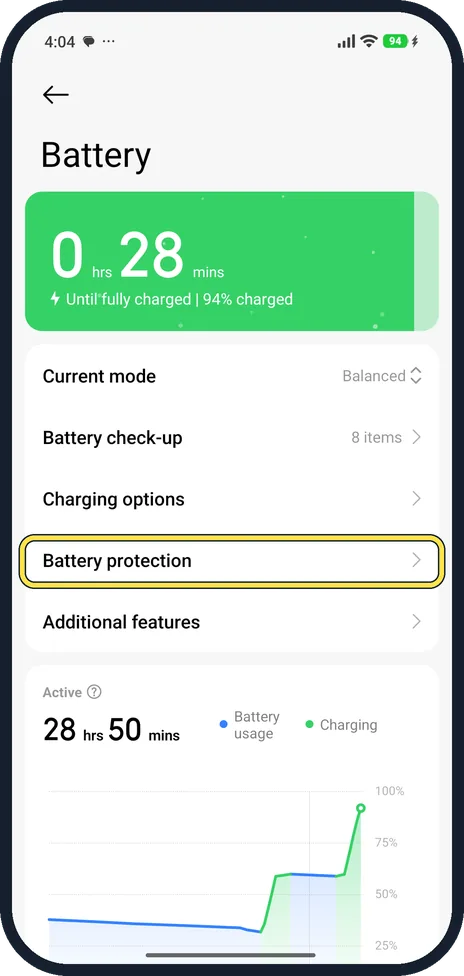 Android screenshot: Open Battery protection
