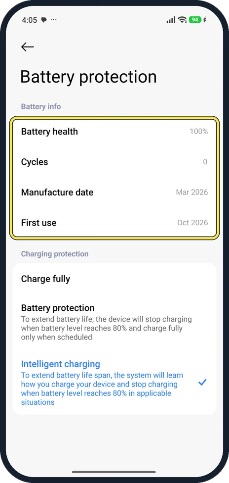 Android screenshot: Read Battery health