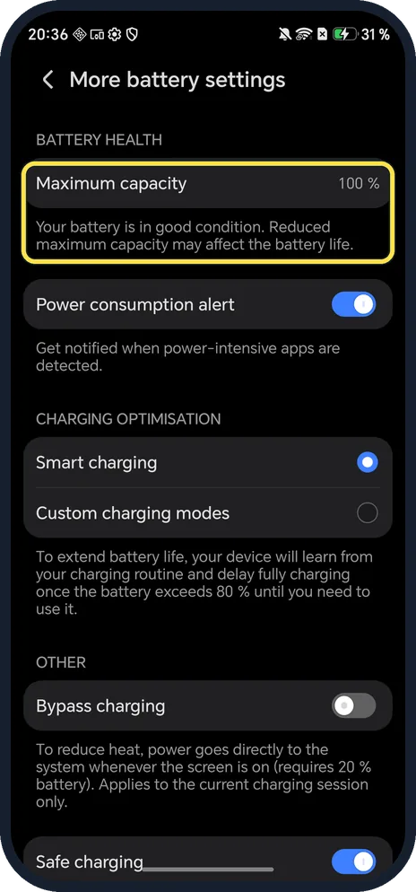 Android screenshot: Read Maximum capacity