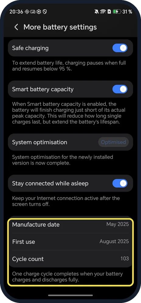 Android screenshot: Scroll down for the cycle count