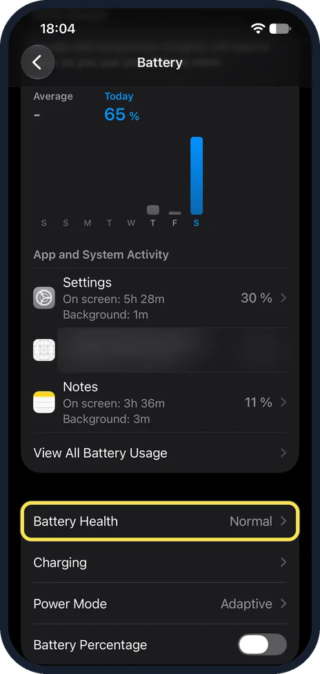iPhone screen: Tap Battery Health