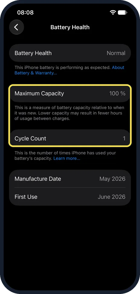 iPhone screen: Read Maximum Capacity and Cycle Count
