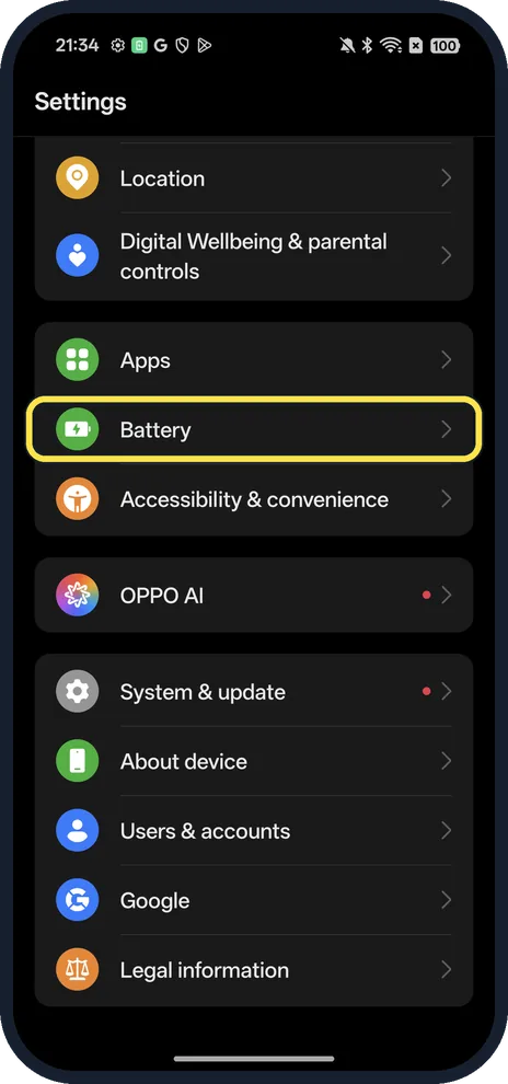 Android screenshot: Open Battery