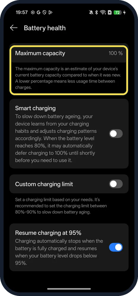 Android screenshot: Read Maximum capacity