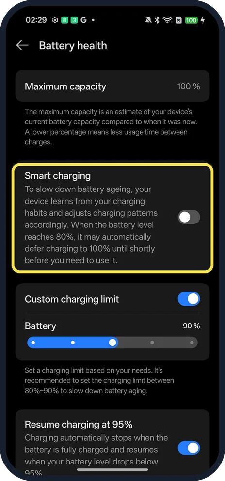 Android screenshot: Turn on Smart charging (optional)