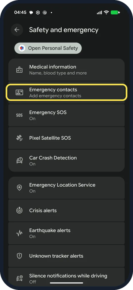 Android screenshot: Add emergency contacts