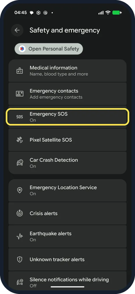 Android screenshot: Tap Emergency SOS