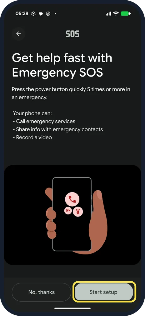 Android screenshot: Read how SOS works and set it up