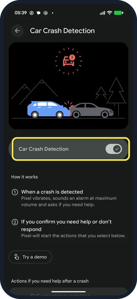 Android screenshot: Check Car Crash Detection