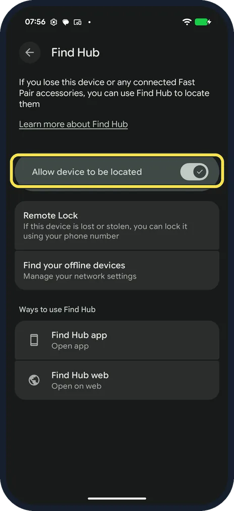 Android screenshot: Check Allow device to be located