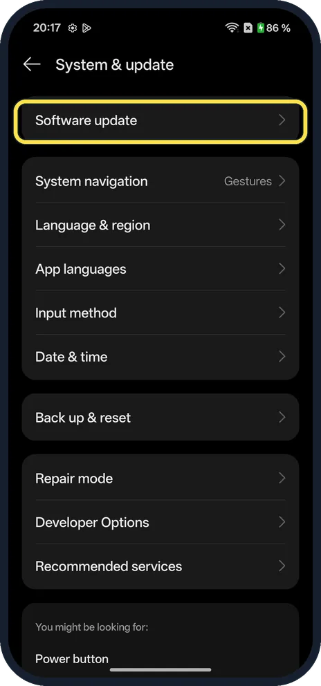 Android screenshot: Open Software update