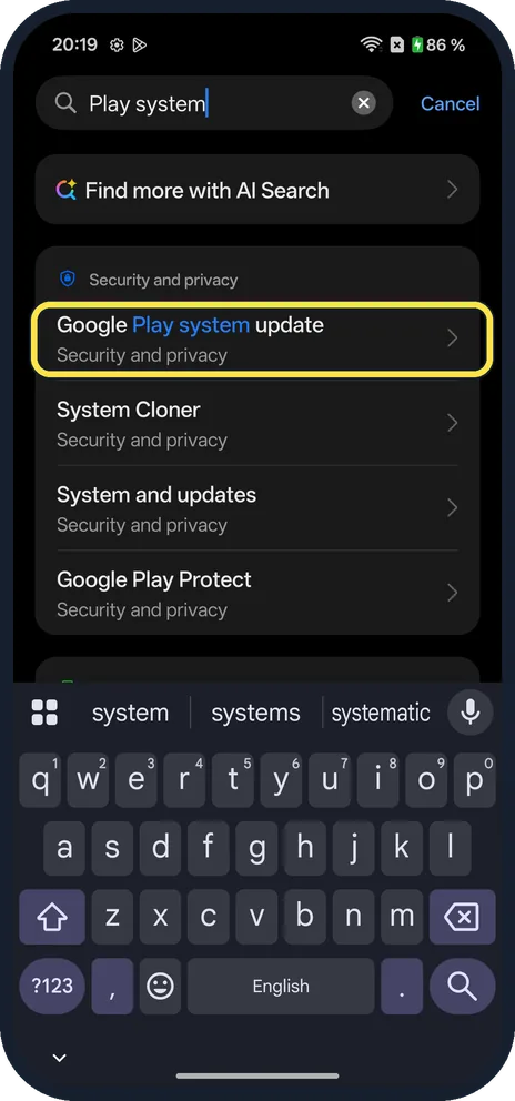 Android screenshot: Find the Google Play system update