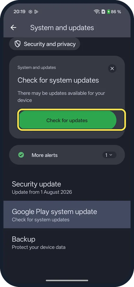 Android screenshot: Check for system updates