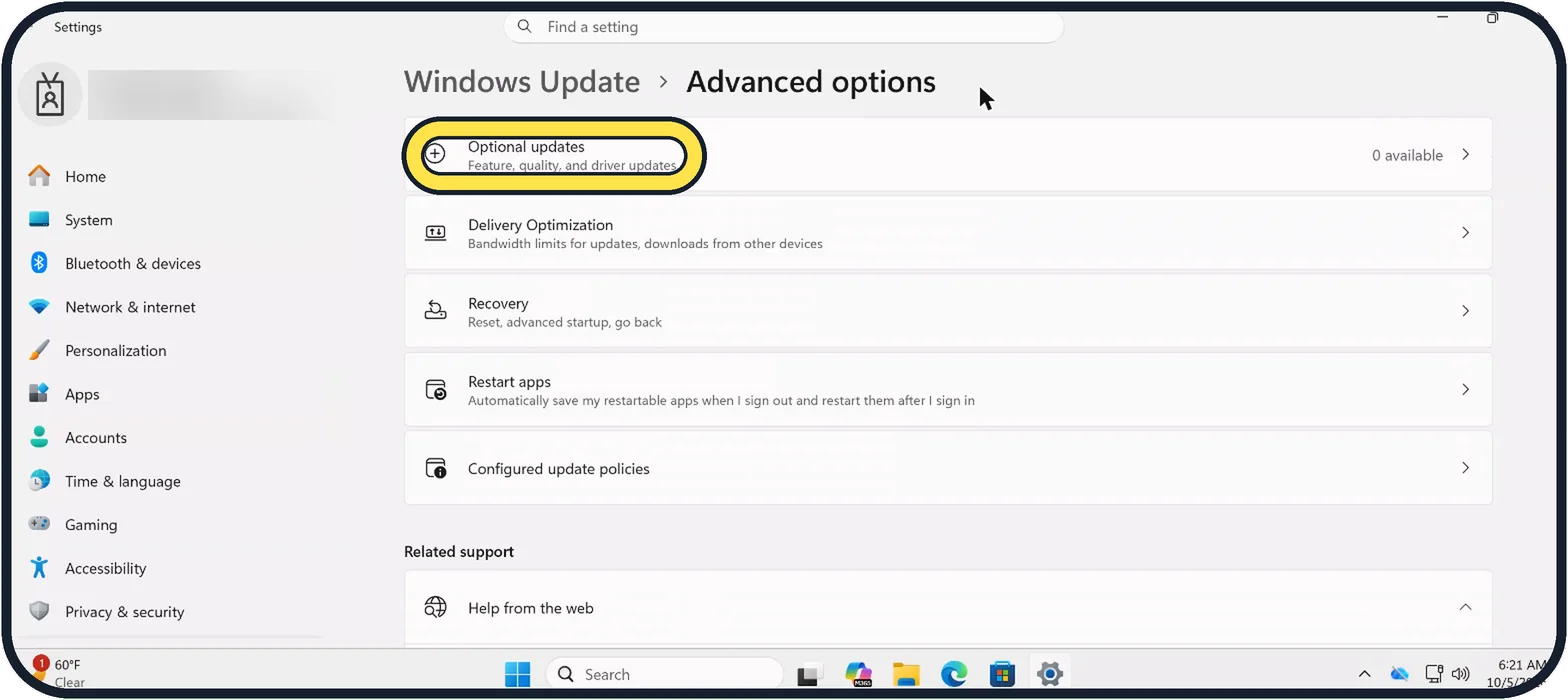 Windows screenshot: Look at optional updates