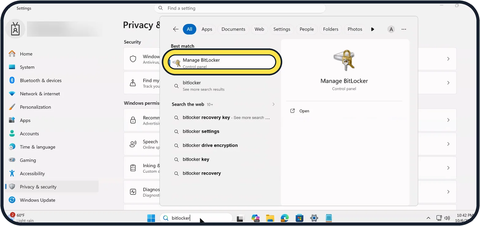 Windows screenshot: Search for BitLocker