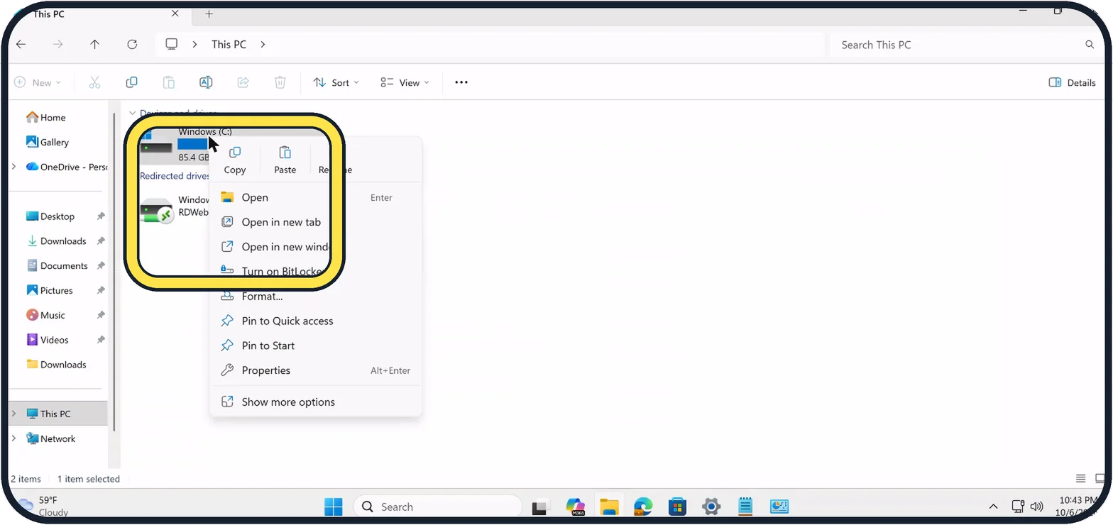 Windows screenshot: Or right-click the drive