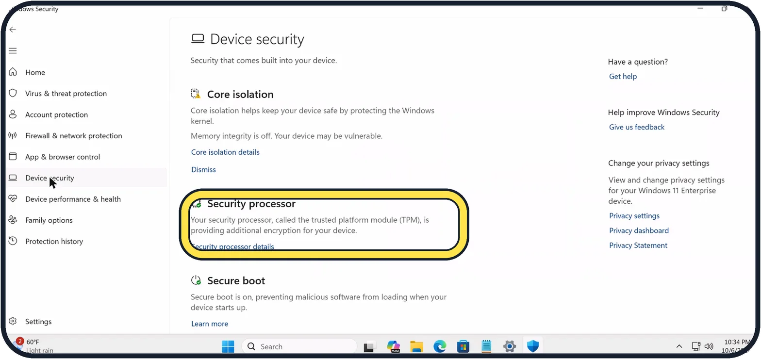 Windows screenshot: Click Device security