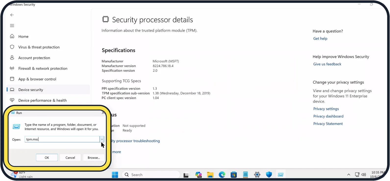 Windows screenshot: Or open tpm.msc
