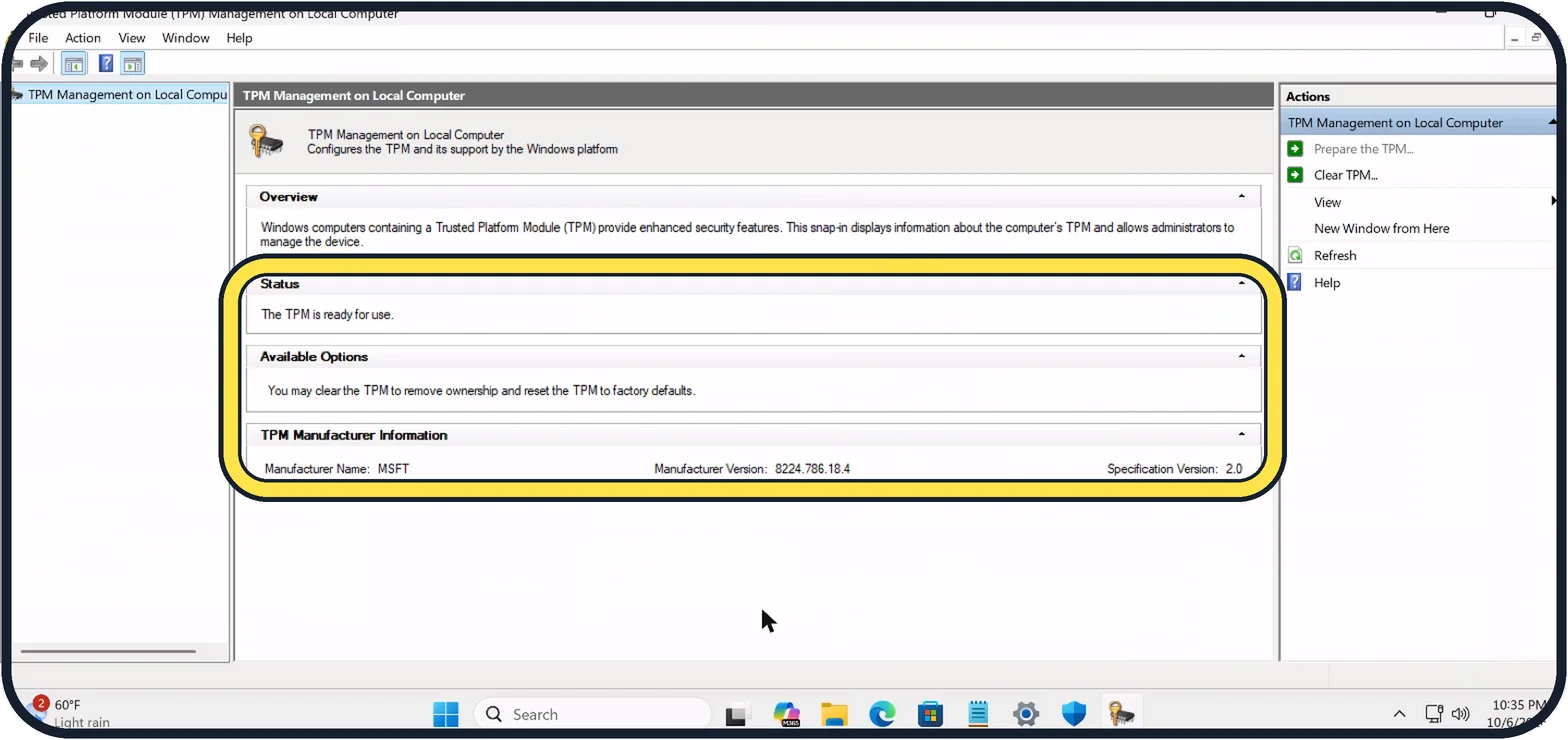 Windows screenshot: Check the status