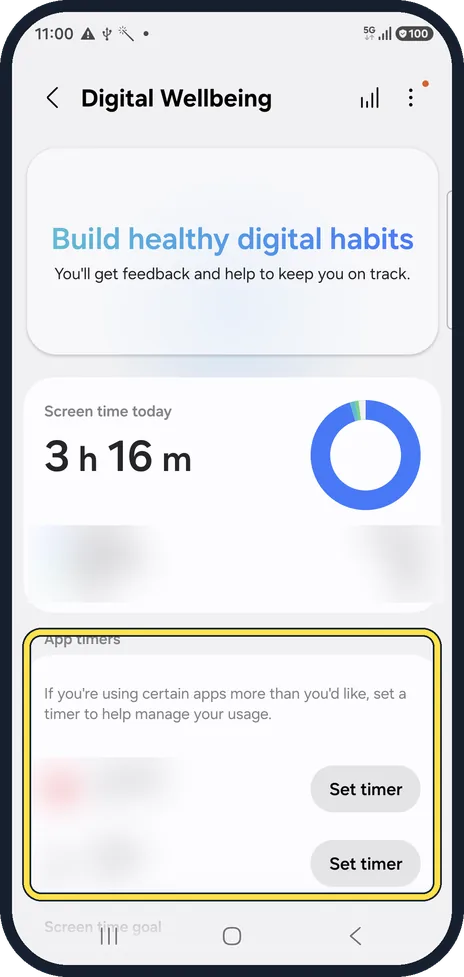 Android screenshot: Set an app timer