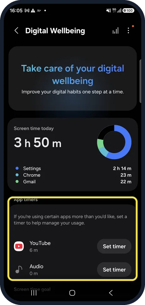 Android screenshot: Set an app timer