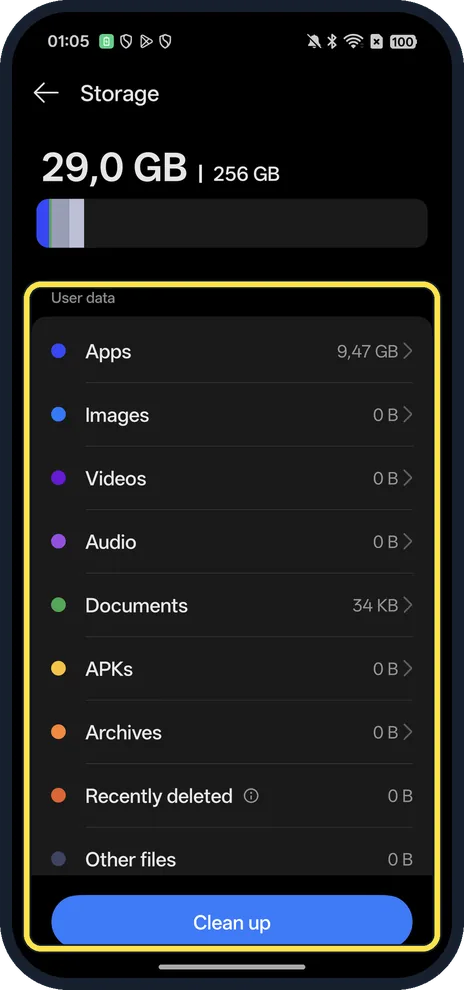 Android screenshot: See what uses the space, then tap Clean up