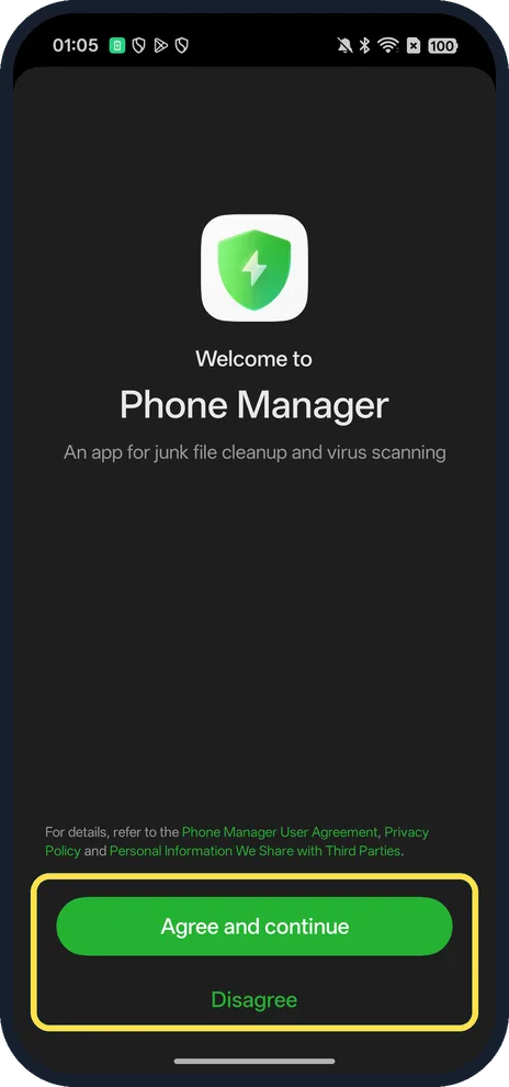 Android screenshot: Read the Phone Manager notice