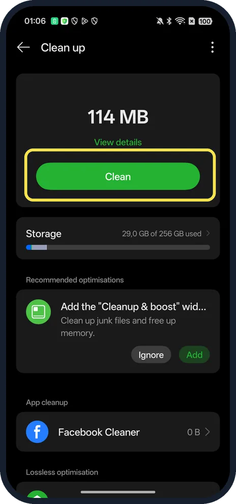 Android screenshot: Tap Clean