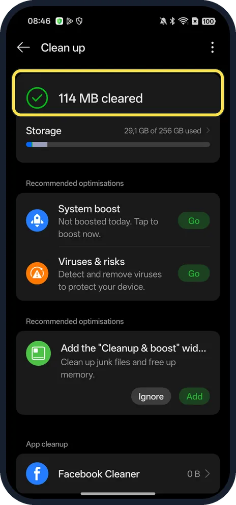 Android screenshot: Check what was cleared