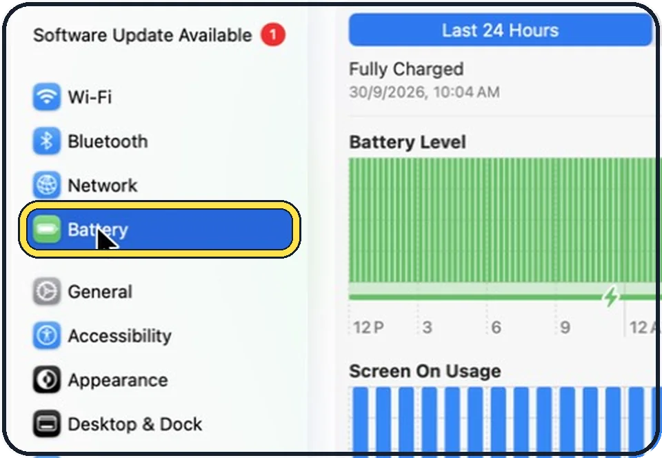 Part of the Mac System Settings window: Click Battery in the sidebar