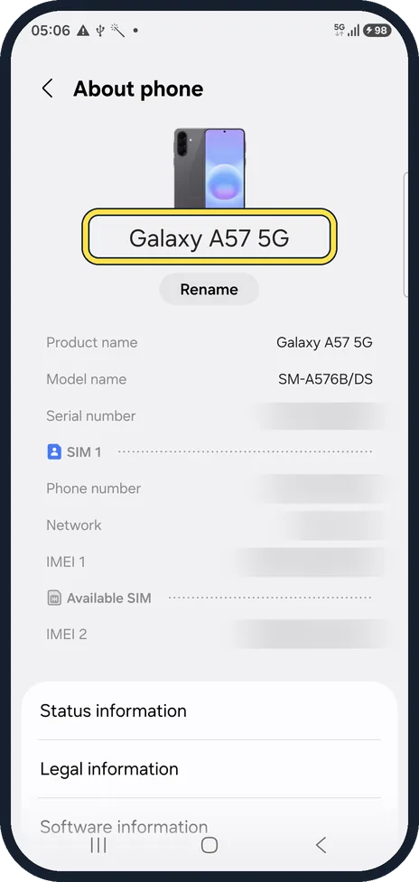 Android screenshot: Open About phone