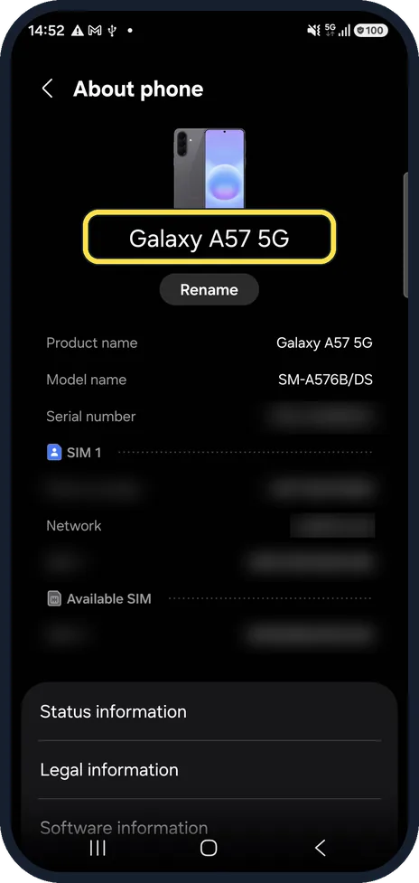Android screenshot: Open About phone