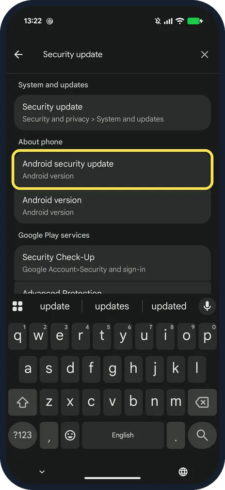 Screenshot from the guide: How to check the security patch on a Google Pixel (Android 17)