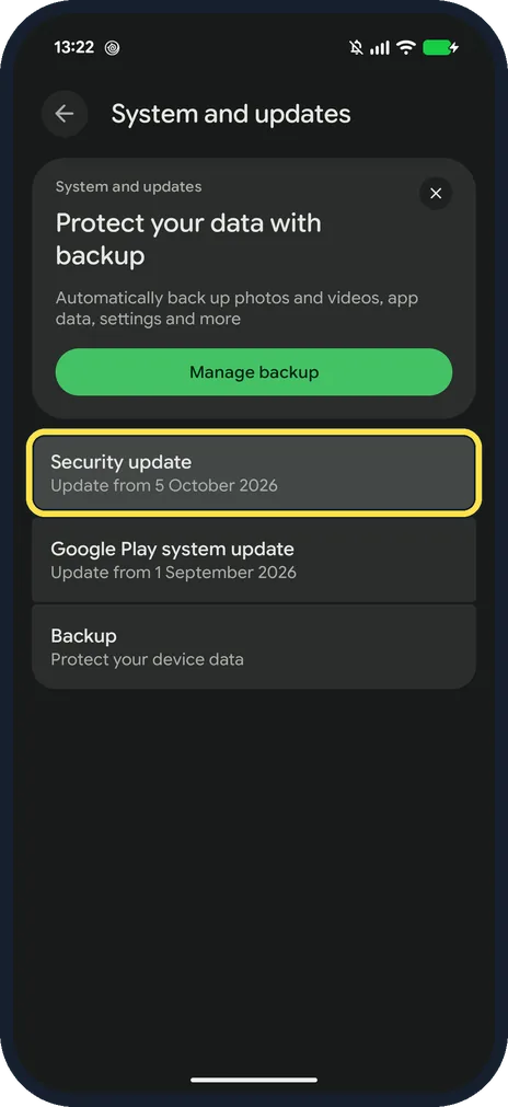 Android screenshot: Open Security update to look for a newer one