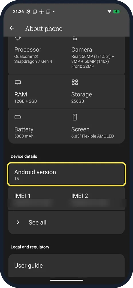Android screenshot: Scroll to Device details and tap Android version