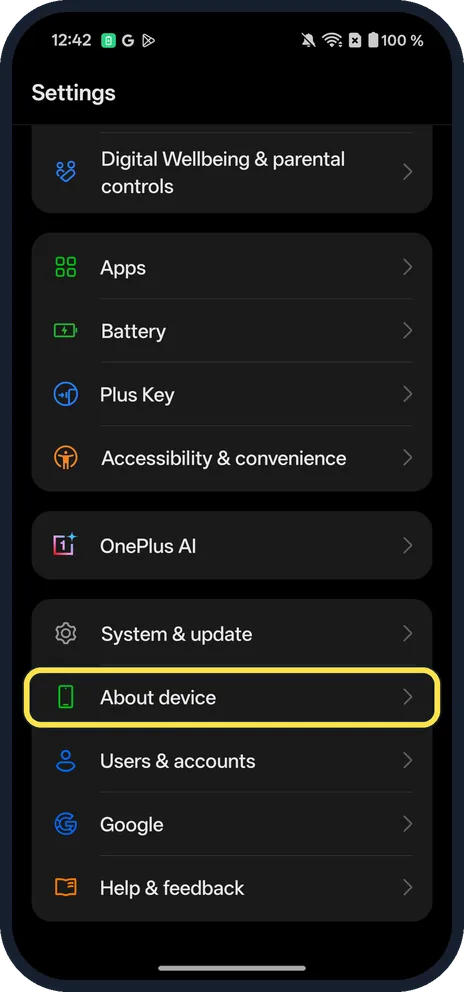 Android screenshot: Open About device