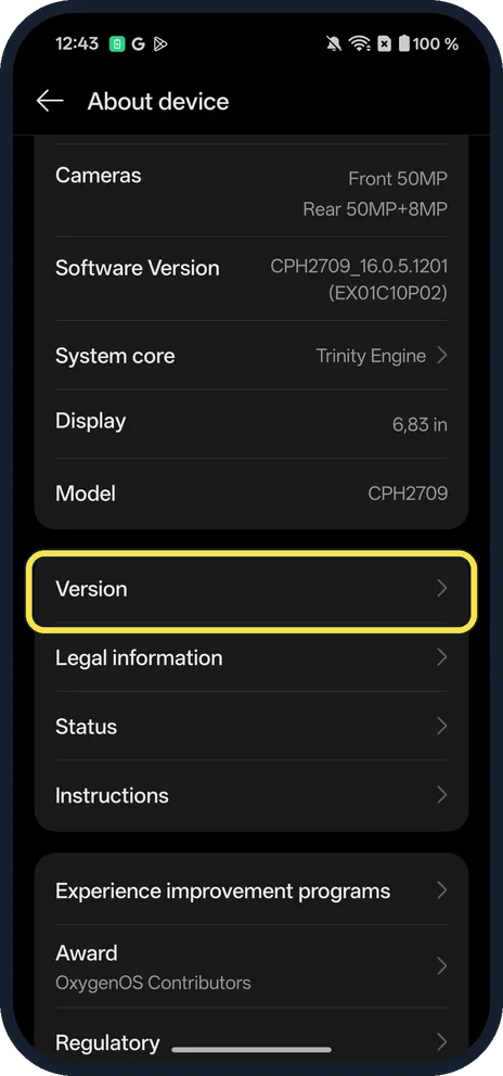 Android screenshot: Scroll down and tap Version