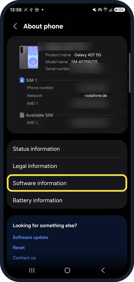 Android screenshot: Tap Software information