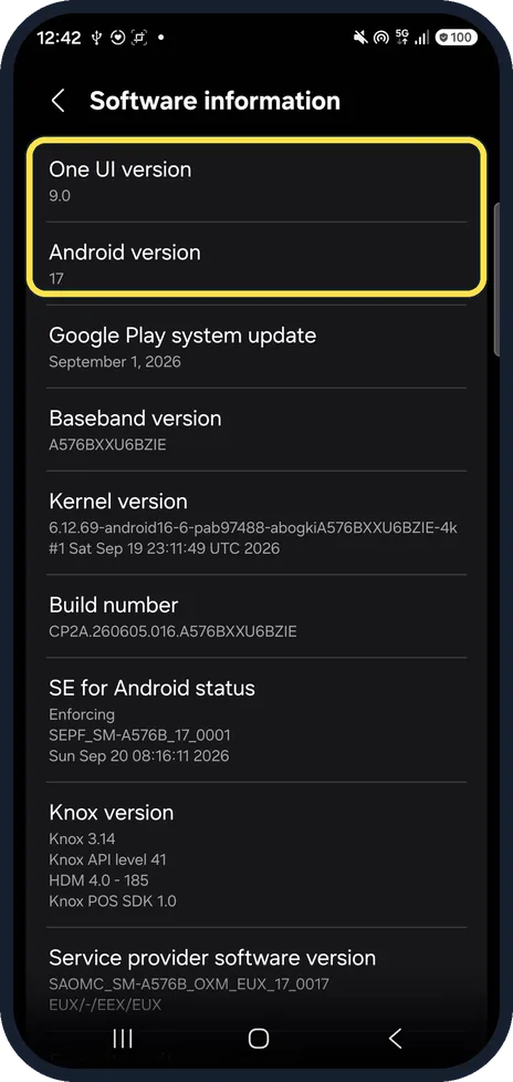 Android screenshot: Check the versions at the top