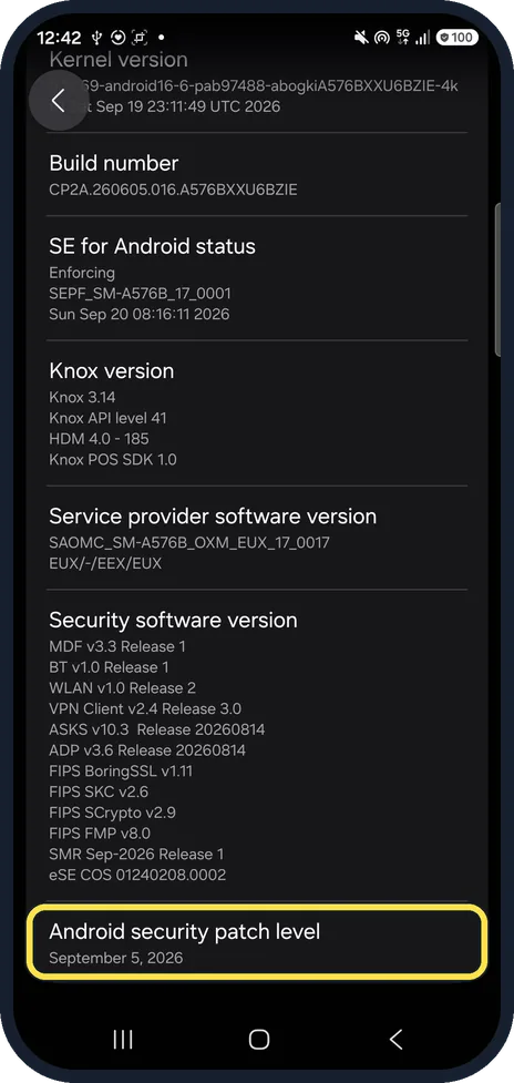 Android screenshot: Scroll to Android security patch level